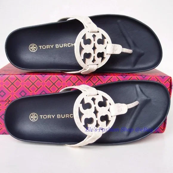 NIB Tory Burch Miller Cloud Leather Thong Sandal Cream Navy US 9 100% AUTHENTIC